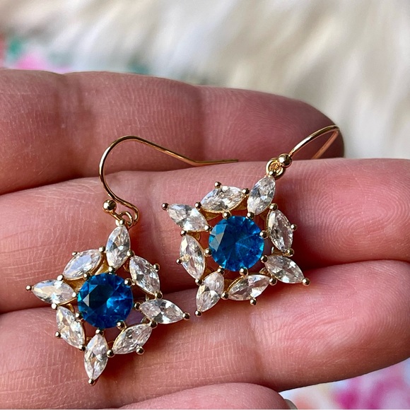 Bomb Party | Blue Center Stone and Clear Marquis Shaped CZ Gold Plated Earrings - Picture 3 of 13